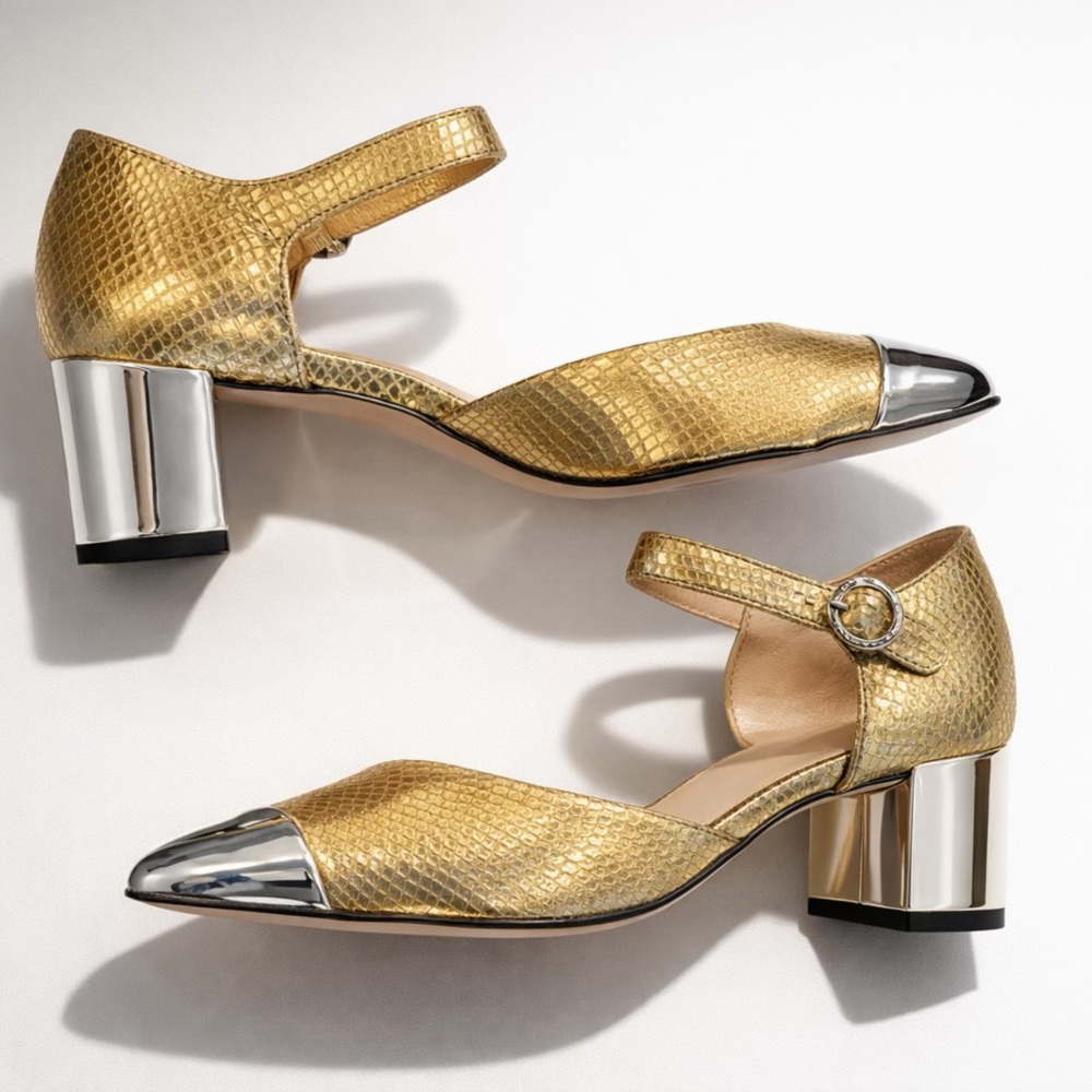 J Crew Millie maryjane heels, snake-embossed gold leather, silver cap toes,8.5 - Picture 3 of 16